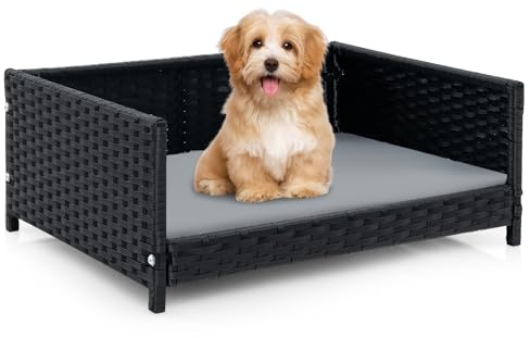 COSTWAY Hundebett aus PE-Rattan, Haustierbett mit abnehmbarem Kissen & waschbarem Bezug, Metallrahmen, erhöhtes Hundesofa für kleine/mittelgroße Hunde, Hundecouch für drinnen draußen, 62x46x25cm