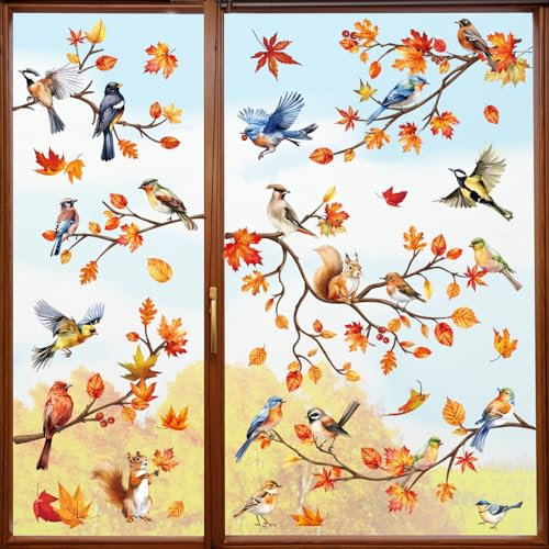 decalmile Fall Thanksgiving Window Clings Bird Branch Maple Leaves Autunmn Double Sided Window Decals Anti-Collision Glass Window Door Window Stickers