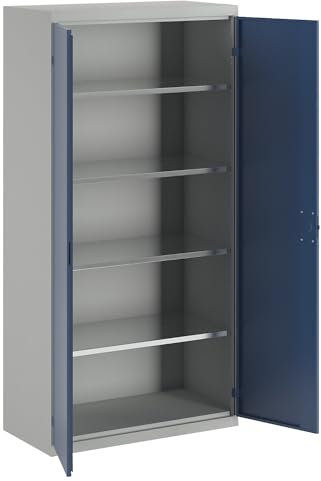 eurokraft | Flügeltürenschrank | 4 Fachböden | Breite 1000 mm | lichtgrau/enzianblau