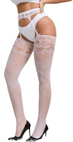 ohyeahlady Calze Donna Collant Sexy Taglie Forti a Rete Pizzo Morbide Autoreggenti Nere con Reggicalze Sexydonna Hard Elasticizzati Intimo Hot Curvy Lingerie Biancheria Intima (Bianco,XS-M)
