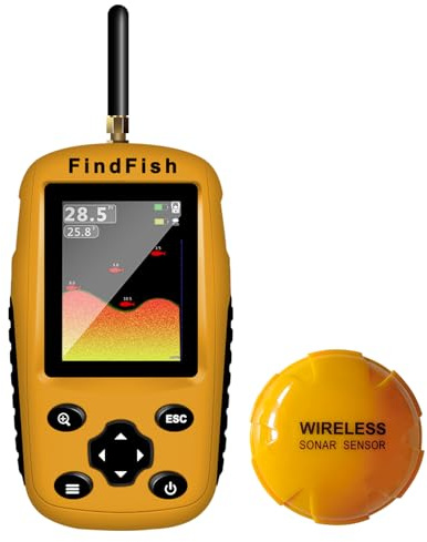 ESANHAO Fish Finder Portable Wireless Sonar & Radio Sensor Depth Finder with Fish Size, Water Temperature, Bottom Contour, Color LED Display Black/White Model fit for Boats Kayaks Fishing