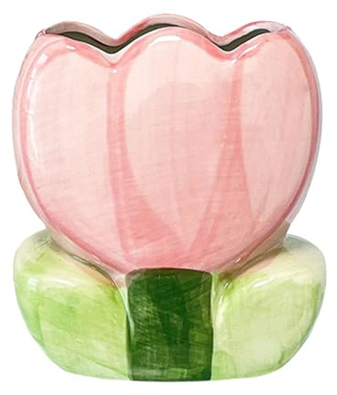 ZHU YU CHUN 1 PC Ceramic Tulip Make up Brush Holder Flower Toothbrush Holder Cosmetic Storage Box Pen and Pencil Holder Desktop Organizers (Pink)