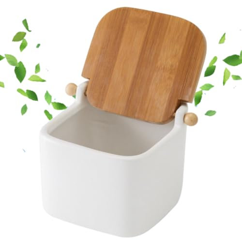 Solty - Salero de Cocina de Cerámica con Tapa - Tapa de Material de Bambú - Diseño Moderno - Medida 15 x 12 x 11 cm - Fácil de Limpiar (Blanco)