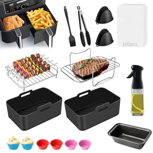 Genossen Moule Air Fryer, 17pcs accessoires pour friteuse à air chaud, pour Ninja Foodi AF300EU AF400EU 7,6L-9,5 L et la plupart des friteuse Dual Zone Air Fryer, Ninja Air Fryer Accessories sans BPA