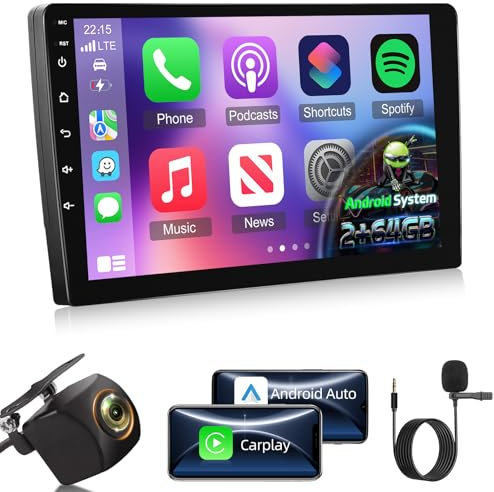 [2+64GB] 2 Din Autoradio Android con CarPlay Wireless e Android Auto, Touchscreen da 10,1 pollici con Supporto WiFi, GPS, EQ, Bluetooth, radio FM RDS, Telecamera per la Retromarcia