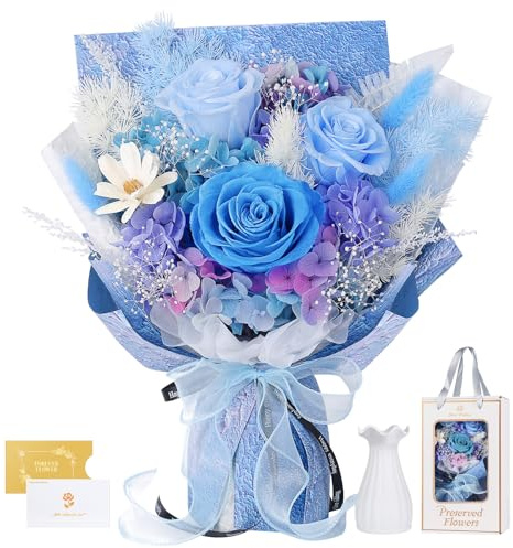Roses Bouquet with Vase,Forever Bouquet Flowers, Eternal Preserved Real Rose, Gifts for Woman Wife Girlfriend,Gifts for her on Birthday, Anniversary, Valentine's Day, Mother's Day, Christmas(Blue)