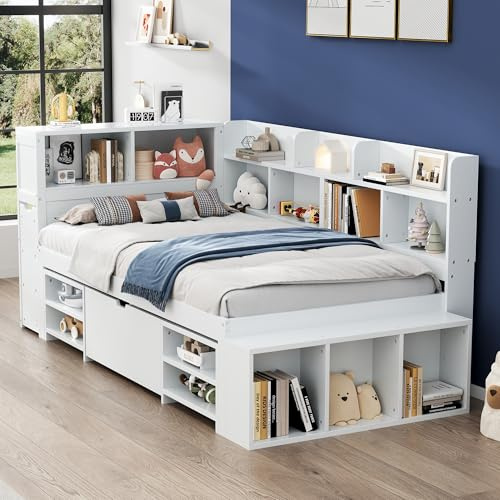 okwish Cama juvenil clásica de 90 x 200 cm con cajones, estantería y armario de almacenamiento, cama con plataforma, cama de madera con somier, color blanco