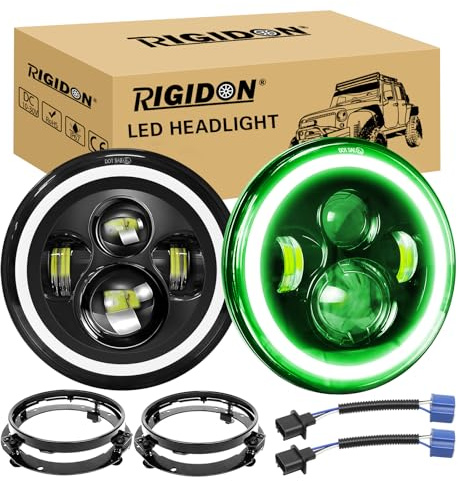RIGIDON 2x 7 Zoll Runde Scheinwerfer Mit Rundring Halterung, 50W weißer grün 4 Modi Fahrscheinwerfer Feuer Kreuz DRL HI LO Strahler offroad beleuchtung für Auto Wrangler JK TJ LJ CJ Humm-er JP
