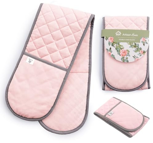 Pink Double Oven Gloves | Thick Potholders Heat Resistant | Quilted Cotton & Silicone Non-Slip Design Pot Holders for Baking Cooking BBQ | Machine Washable Thick Gloves Oven Mitts Kitchen Accessories