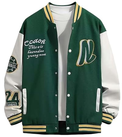Zanisouta Giacca bomber da uomo baggy invernale college da baseball, vintage, casual, con colletto alto, alla moda, senza cappuccio, O verde, M