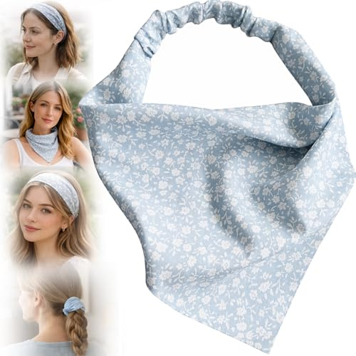 Blue Floral Bandana Headband – Soft, Lightweight, Adjustable Elastic Hair Scarf for Women & Girls, Boho Casual Style, Triangle Design, Breathable Fabric, Perfect for Festivals & Everyday Wear