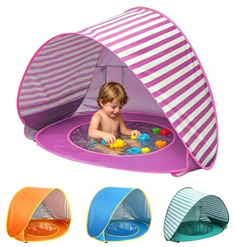 Tenda da spiaggia Baby Pop Up con mini piscina, tenda da spiaggia per bambini con protezione UV, tenda da spiaggia portatile per bambini, tenda da spiaggia per spiaggia, giardino e viaggi (strisce