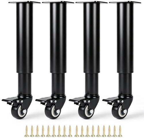 DBREAKS 4 Pcs 24-36cm Patas Regulables para Muebles con Ruedas 360°, Negro | Patas de Mesa de Metal Ajustables, Ruedas para con Frenos, para Muebles Armario Cama Sofas Mesa Escritorios Gabinet