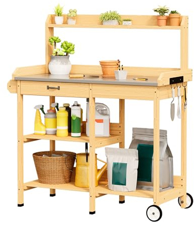 Xbro Mesa de Jardinería con Ruedas, Mesa para Plantas de Madera con Encimera de Metal Galvanizado, Cajón, Estantes y Ganchos para Balcón, Terraza, Jardín, 112 x 43 x 121 cm, (Retro)