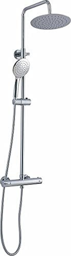 VALAZ Columna Ducha Termostatica Cromado | Mezclador Agua Fría y Caliente, Ahorro de Agua | Instalación Fácil y Rápida | Inoxidable, Redonda, Longitud 80-120 cm, Rociador 20 cm, Serie Ebro