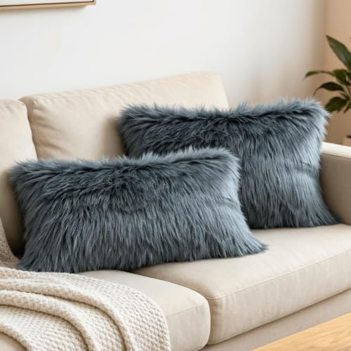 OYIMUA Soft Faux Fur Cushion Covers 30x50cm Dark Grey Set of 2 for Sofa Bed | Fluffy Decorative Pillow Covers 12x20 for Living Rooms,Bedrooms,Offices,Machine Washable,Hidden Zipper,Fade-Resistant