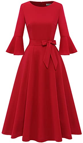 HomRain Vestidos de iglesia para mujer, para invitada de boda, cóctel, fiesta de té, manga acampanada, vestido vintage de graduación, Rojo, Large