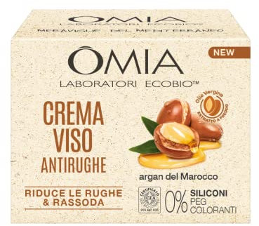 Omia, Crema Viso Antirughe all'Argan del Marocco e Acido Ialuronico, Riduce le Rughe e Rassoda la Pelle, Senza Siliconi e Coloranti, Adatta a Tutti i Tipi di Pelle, 50 ml