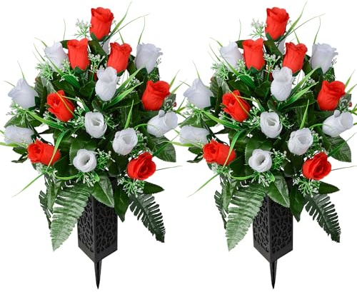 Kukooka Artificial Cemetery Flowers for Grave, Artificial Rose Memorial Flowers with Vase for Cemetery Headstones Gravesites Decoration Long-Lasting Remembrance (White&Red)