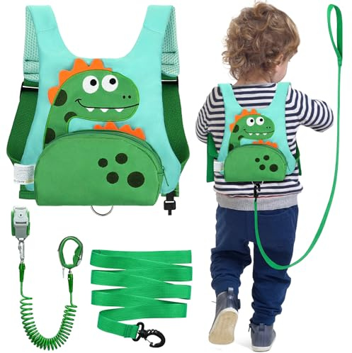 Dr.meter 3 in 1 Toddler Harness Leash + 8.2ft Anti Lost Wrist Link, Cute Dinosaur Kids Safety Harness Tether with Key Lock, Child Protective Leashes While Walking for Outdoor Activity Keep Kids Close