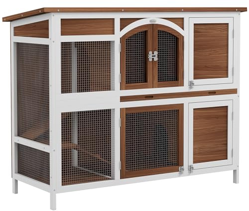 PawHut Rabbit Hutch Outdoor Guinea Pig Hutch 2 Tier Wooden Cage w/Ramp, Divider, Openable Roof, 125 x 48 x 100cm - Brown