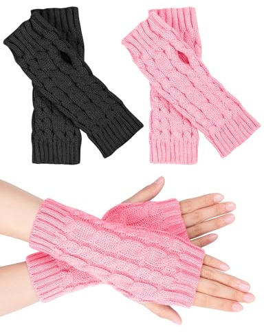 MELLIEX 2 Paires de Gants Sans Doigts Tricoté Chauffe-poignets en Cachemire Gants Noirs Thermiques pour Homme et Femme - Noir et Rose