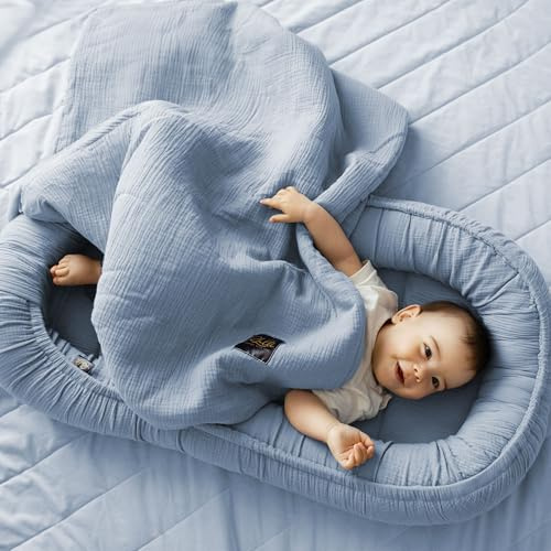 PaLulli® Nido para bebé 2 en 1 con Manta de 100% Muselina de algodón prémium, 100 x 60 cm, Solapa con Cierre de Velcro, Cambiador para bebés y bebés (Azul)