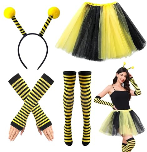 MUXIWOM Deguisement Abeille, Costume Carnaval Femme, 4 Pièces Déguisement Carnaval Femme, Deguisement Femme Adulte avec bandeau et jupe en tulle, pour Carnaval Cosplay Mascarade