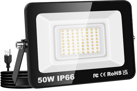 Willpower Faretto LED Esterno 50W 5000LM, Faro LED con Spina Proiettore LED 3000K Bianco Caldo IP66 Luce di Sicurezza a LED Illuminazione per Garage Giardino Cortile Patio Piazza Officina
