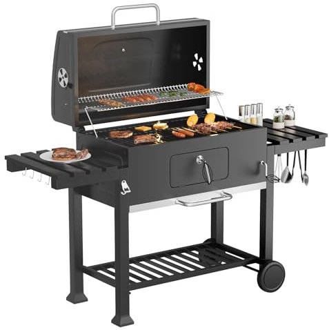 Warmiehomy XXXL Charcoal Barbecue, Outdoor Smoker BBQ Grill with Wheels, 2 Foldable Side Tables, Hooks, Thermometer & Adjustable Chimney, Portable BBQ Grill for Garden Picnic Camping
