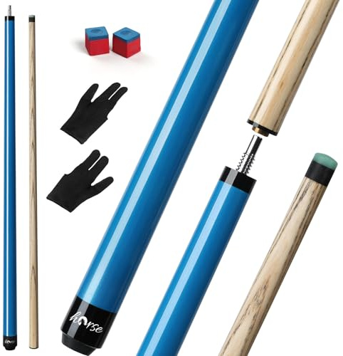 Horse 58 21oz Power Pool Cue Stick: Billiard Cue 21oz with Solid Ash Wood Shaft, 13mm Green Phenolic Tip, Royal Blue Finish, Includes 2 Billiard Gloves & 2 Chalks for Controlled Power