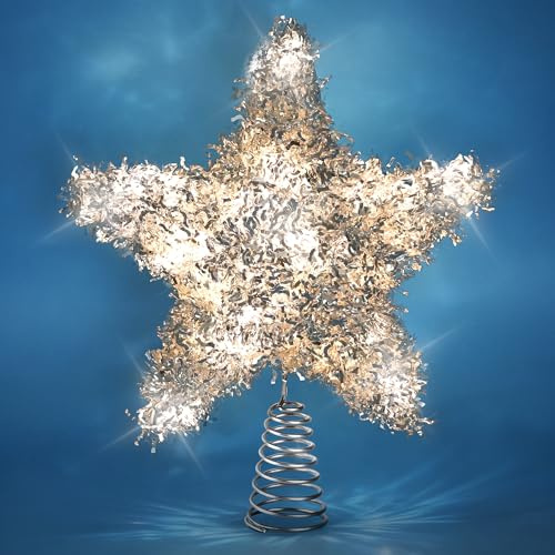 LAWOHO Christmas Tree Topper Star, Exquisite Christmas Decor, 10 Inch Shiny Silver Christmas Tree Decoration with 6H Timer, 20 Warm LED Lights for Xmas Tree, Holiday & Party, Indoor Decor