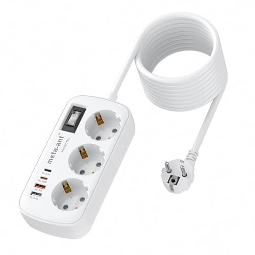 Steckdosenleiste mit USB PD20W, 3 Fach steckdosenleiste mit überspannungsschutz 4000W, Socket with 4 USB (2 USB-C), 3 Meter, Steckdosenleiste Wandmontage für Heim Büro, Weiß