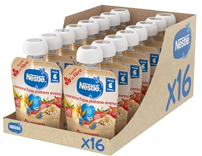 NESTLÉ Puré Manzana, Fresa, Plátano y Avena, para bebés a partir de 6 meses, 16 bolsitas de 90g