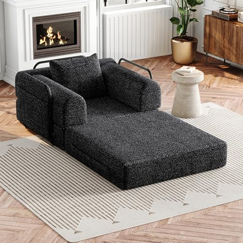 HAUSPROFI Schlafsofa, 2-in-1 Faltbares Sofa mit Kissen, Modulares Boneless Schlafsofa mit Metallrahmen, Chenille Staufach in der Armlehne, Keine Montage Erforderlich (Schwarz, 181.6x94x49.5cm)
