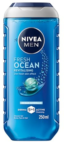 NIVEA MEN Doccia Shampoo Fresh Ocean 250 ml, Docciaschiuma uomo 3 in 1 per viso, corpo e capelli, Bagnoschiuma uomo con Minerali Oceanici, Profumo rinvigorente, pH neutro, Tutti i tipi di pelle