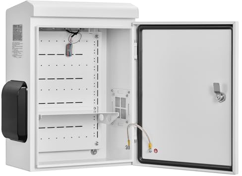 VEVOR Outdoor Electrical Box, Cold-Rolled Steel, Electrical Junction Box with Thermostat and Fan, Rain Hood, Ventilated Design, IP65 Waterproof Hinged Enclosure, Wall/Pole Mounted, 20 x 16 x 8 in