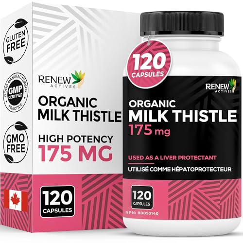 Renew Actives Milk Thistle Capsules 175MG per Serving Organic Seed Extract for Liver Health, Concentrated Silymarin Formula, Antioxidants, & Digestive Wellness – Made in Canada - 120 Capsules