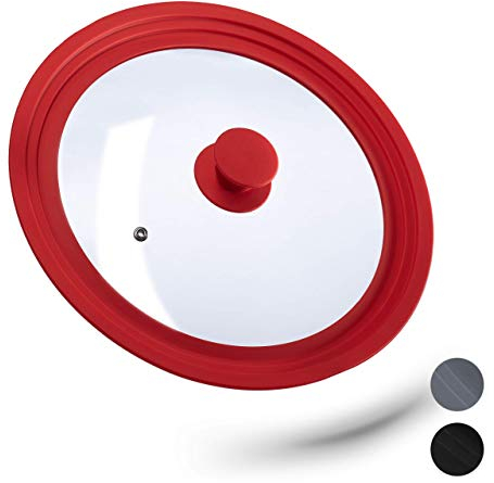 Relaxdays Tapa Sartén Universal, Tapadera Olla, 26-30 cm, Práctica, Borde de Silicona, Cristal, 1 Ud., 5x31,5 cm, Rojo