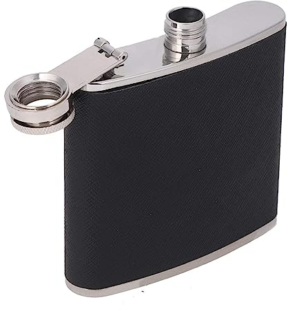 Fiaschetta per liquori, 150 ml in acciaio inox a prova di perdite, bottiglie tascabili con imbuto e copertura in pelle nera per vino whisky alcolico (5 oz)