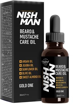 NISHMAN Gold One Huile de soin pour barbe et moustache à l'argan 30 ml – Soin naturel pour hydrater, nourrir et coiffer la barbe et la moustache – Pour une barbe douce, saine et brillante