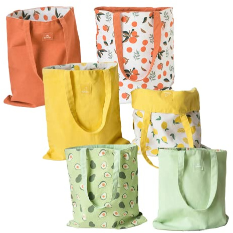 ELYEEBLEE Double-Sided Canvas Tote Bags, Reusable Grocery Shopping Bags for Women, Girls and Kids, Pack of 3 (Orange,Yellow, Green)