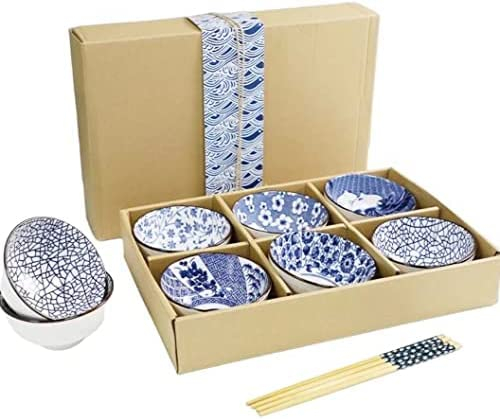 Green Globe 6 Pcs Ceramic Rice Party Bowls 10 oz | Dinnerware Gift Set for Cereal Soup Dessert Snack Fruit Salsa Ice Cream with Chopsticks (Geometric Pattern)