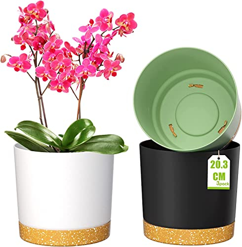 LATERN 3 Pezzi Vasi per Piante Autoirriganti, 20,3CM Vaso da Fiori Rotondo in Plastica Contenitore per Piante da Giardino per Succulente Erba Orchidea - con Fori di Drenaggio e Piattini (3 Colori)