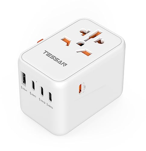 Universal Travel Adapter Worldwide, TESSAN 65W PD Fast Charger, International Plug Adaptor with 4 USB C 1 USB A Ports, Power Adapter for European USA UK Australia (Type C, G, A, I)