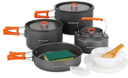 Odoland Camping Cookware Set Non-Stick Lightweight Camping Kettle Pots and Pans Mess Kit with Bowls Soup Spoon for Backpacking, Outdoor Cooking and Picnic for 4-6 People