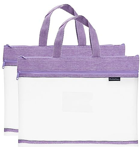 PATIKIL Nylon Document Bag with Handle 2 Pack Mesh Transparent Handbag Paper File Tote Pouch for Office, Purple