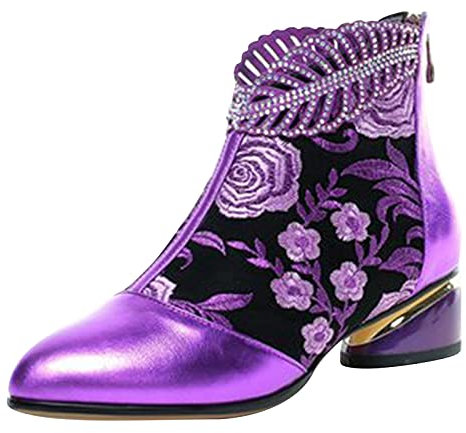 Vintage Broderie Chaussures Dentelle Bottes Talon Femmes Bout Haut Court Fermeture Éclair Femmes Bottines Hiver Bottines Femme Fourrure Bottines Talon Compensé (Violet, 41), lilas, 41 EU