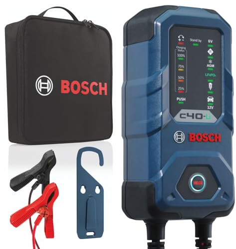 Bosch C40-Li Battery Charger, 5 Amps with Trickle Function - For 6V/12V Lead-acid, AGM, EFB, GEL, SLI and 12V Lithium (LiFePO4) Batteries, Comes with a UK Style Plug