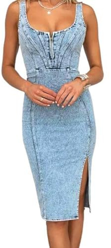 utcoco Denim Dress for Women Sleeveless Side Slit Bodycon Midi Jean Dresses for Women 2024 (Medium, Light Blue)